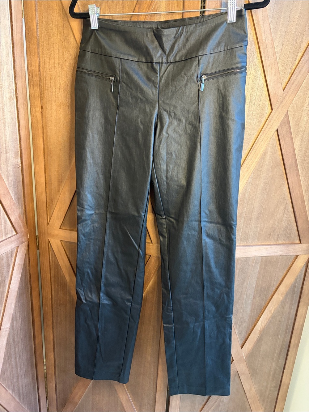 🇨🇦UP! Pants Faux Leather Trousers Black Zip Pocket Slim Leg Stretch SIZE 10